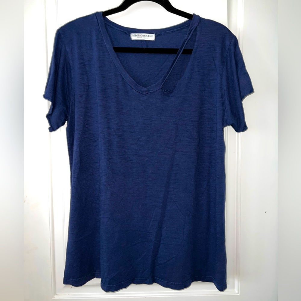 Blue American Able Short Sleeve V Neck Tee w Cutout Detail